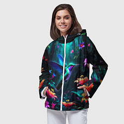 Ветровка с капюшоном женская Колибри в темном лесу, цвет: 3D-белый — фото 2