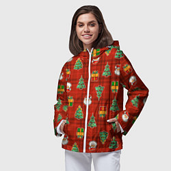 Ветровка с капюшоном женская Елочки и Санта - паттерн красная клетка, цвет: 3D-белый — фото 2