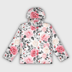 Ветровка с капюшоном женская Розовые розы и серые листочки - паттерн, цвет: 3D-белый