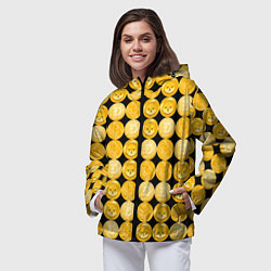 Ветровка с капюшоном женская Золотые монеты Биткоин, Доджкоин, Шиба ину паттерн, цвет: 3D-черный — фото 2