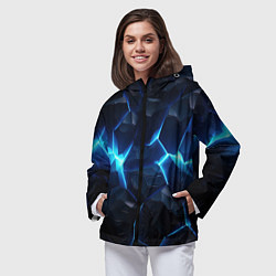 Ветровка с капюшоном женская Синий неоновый разлом черной абстракции, цвет: 3D-черный — фото 2