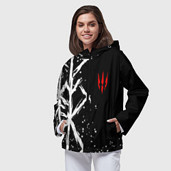 Ветровка с капюшоном женская Ведьмак - белые руны, цвет: 3D-черный — фото 2