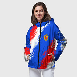 Ветровка с капюшоном женская Триколор штрихи с гербор РФ, цвет: 3D-черный — фото 2