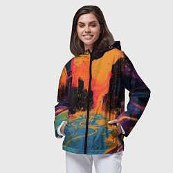 Ветровка с капюшоном женская Абстрактная городская улица со зданиями и река, цвет: 3D-черный — фото 2