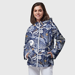 Ветровка с капюшоном женская Рыба карп - синий корейский узор, цвет: 3D-белый — фото 2