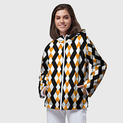 Ветровка с капюшоном женская Жёлтые и белые ромбы на чёрном фоне, цвет: 3D-белый — фото 2