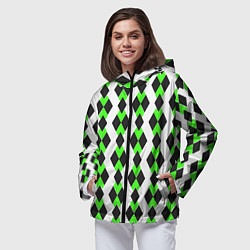 Ветровка с капюшоном женская Чёрные и зелёные ромбы на белом фоне, цвет: 3D-черный — фото 2