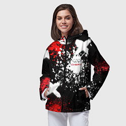 Ветровка с капюшоном женская Логотип Chery Automobile на фоне брызг красок, цвет: 3D-черный — фото 2