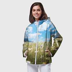 Ветровка с капюшоном женская Ромашковое поле, цвет: 3D-белый — фото 2