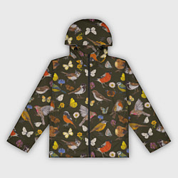 Ветровка с капюшоном женская Птицы и бабочки с цветами паттерн, цвет: 3D-черный