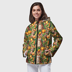 Ветровка с капюшоном женская Бенгальский котик в тропических листьях, цвет: 3D-черный — фото 2