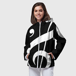 Ветровка с капюшоном женская Скрипичный и басовый ключи - белые на чёрном, цвет: 3D-белый — фото 2