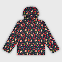 Ветровка с капюшоном женская Ягоды клубники на темном фоне, цвет: 3D-черный