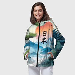 Ветровка с капюшоном женская Восход красного солнца - Японский пейзаж, цвет: 3D-черный — фото 2