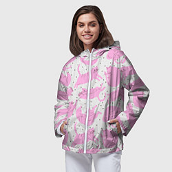 Ветровка с капюшоном женская Пухлые спящие розовые котики на фоне в горошек, цвет: 3D-белый — фото 2