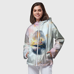 Ветровка с капюшоном женская Маяк у моря на закате в отпечатке пальца, цвет: 3D-белый — фото 2