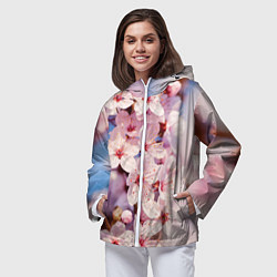 Ветровка с капюшоном женская Цветущая сакура крупно, цвет: 3D-белый — фото 2
