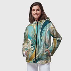 Ветровка с капюшоном женская Бирюзовый с белым растительный узор в мягких тонах, цвет: 3D-черный — фото 2