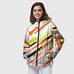 Ветровка с капюшоном женская Оранжево-жёлто-чёрные полосы на белом фоне, цвет: 3D-черный — фото 2
