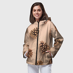 Ветровка с капюшоном женская Еловые шишки на бежевом фоне, цвет: 3D-черный — фото 2