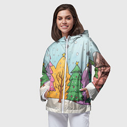 Ветровка с капюшоном женская Разноцветные елочки и деревья, цвет: 3D-белый — фото 2