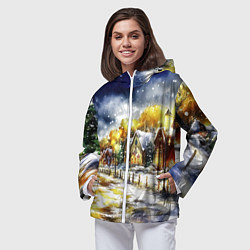 Ветровка с капюшоном женская Новогодний пейзаж акварель, цвет: 3D-белый — фото 2