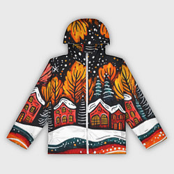 Ветровка с капюшоном женская Новогоднее настроение - домики и елки, цвет: 3D-белый