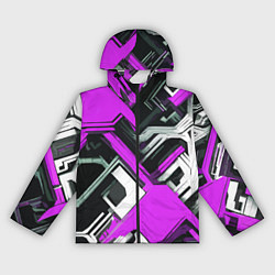 Ветровка с капюшоном женская Бело-фиолетовый техно паттерн на чёрном фоне, цвет: 3D-черный