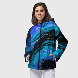 Ветровка с капюшоном женская Синие брызги на чёрном фоне, цвет: 3D-черный — фото 2
