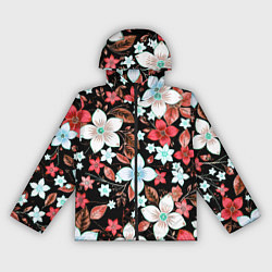 Женская ветровка Красно-белые цветы на чёрном фоне