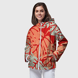 Ветровка с капюшоном женская Отпечатки монстеры на красном, цвет: 3D-белый — фото 2