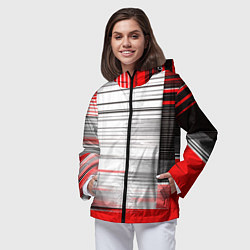 Ветровка с капюшоном женская Чёрные вертикальные полосы на красно-белом фоне, цвет: 3D-черный — фото 2