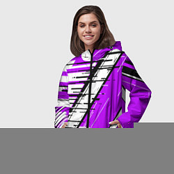 Ветровка с капюшоном женская Чёрно-белые глитч полосы на фиолетовом фоне, цвет: 3D-черный — фото 2