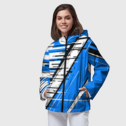 Ветровка с капюшоном женская Чёрно-белые глитч полосы на синем фоне, цвет: 3D-черный — фото 2