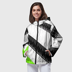 Ветровка с капюшоном женская Диагональные чёрно-белые полосы на зелёном фоне, цвет: 3D-черный — фото 2