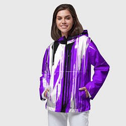 Ветровка с капюшоном женская Вертикальные чёрно-белые линии на фиолетовом фоне, цвет: 3D-черный — фото 2