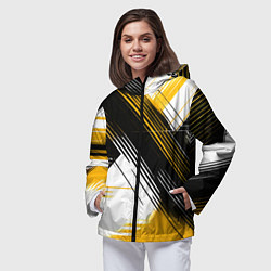 Ветровка с капюшоном женская Диагональные жёлто-чёрные линии на белом фоне, цвет: 3D-черный — фото 2