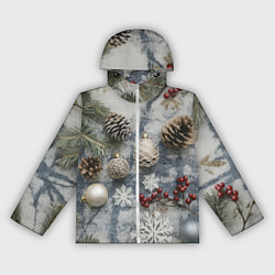 Ветровка с капюшоном женская Новогодние игрушки и шишки, цвет: 3D-белый
