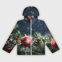 Ветровка с капюшоном женская Новогодний шар и шишка, цвет: 3D-белый