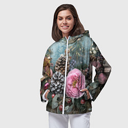 Ветровка с капюшоном женская Новогодние цветы и шишки, цвет: 3D-белый — фото 2