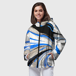 Ветровка с капюшоном женская Волнистые бело-синие линии на чёрном фоне, цвет: 3D-черный — фото 2