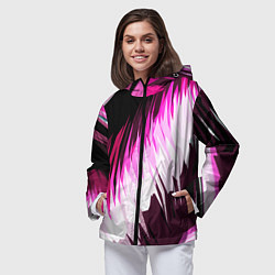 Ветровка с капюшоном женская Бело-розовые острые полосы на чёрном фоне, цвет: 3D-черный — фото 2