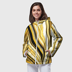 Ветровка с капюшоном женская Волнистые вертикальные чёрно-жёлтые полосы, цвет: 3D-белый — фото 2
