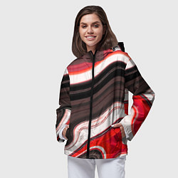 Ветровка с капюшоном женская Волнистые горизонтальные чёрно-красные полосы на б, цвет: 3D-черный — фото 2
