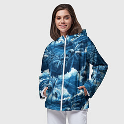 Ветровка с капюшоном женская Пальмы и волны - голубые оттенки паттерн, цвет: 3D-белый — фото 2