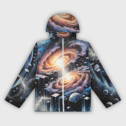 Ветровка с капюшоном женская Слияние двух галактик - неоновое свечение, цвет: 3D-белый