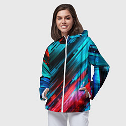 Ветровка с капюшоном женская Синяя и красная краска на черном, цвет: 3D-белый — фото 2