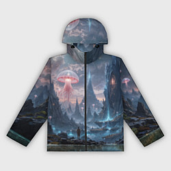 Ветровка с капюшоном женская Фантастический мир с медузами и озеро у гор, цвет: 3D-черный