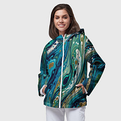 Ветровка с капюшоном женская Сине-зеленый абстрактный узор, цвет: 3D-белый — фото 2