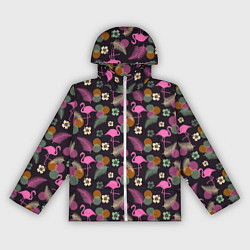 Женская ветровка Фламинго и листья на темно-синем